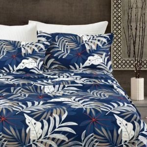 Juego de Sabanas estampadas color azul con hojas blancas