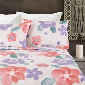 Juego de Sabanas estampadas color blanco con flores naranjas y moradas